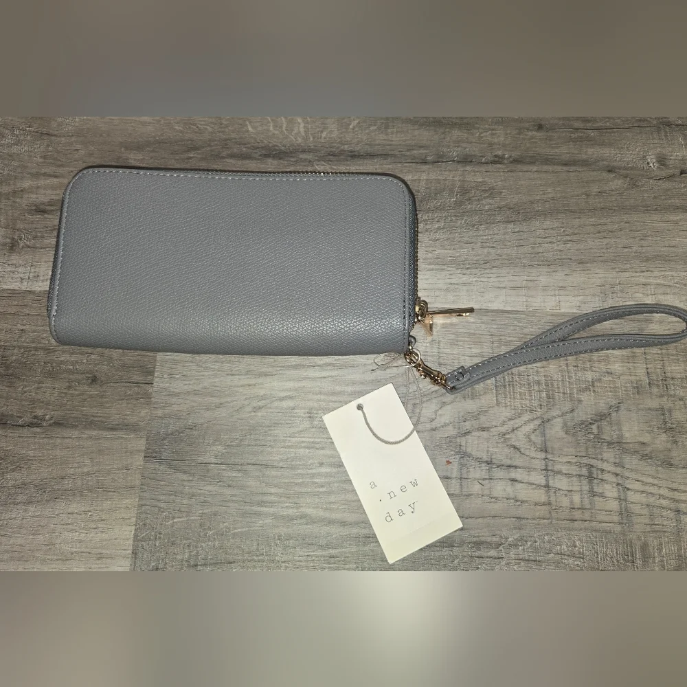 Gray Wrislet Wallet With Strap, 2 Zippered Sections, Card Slots & Coin Storage
